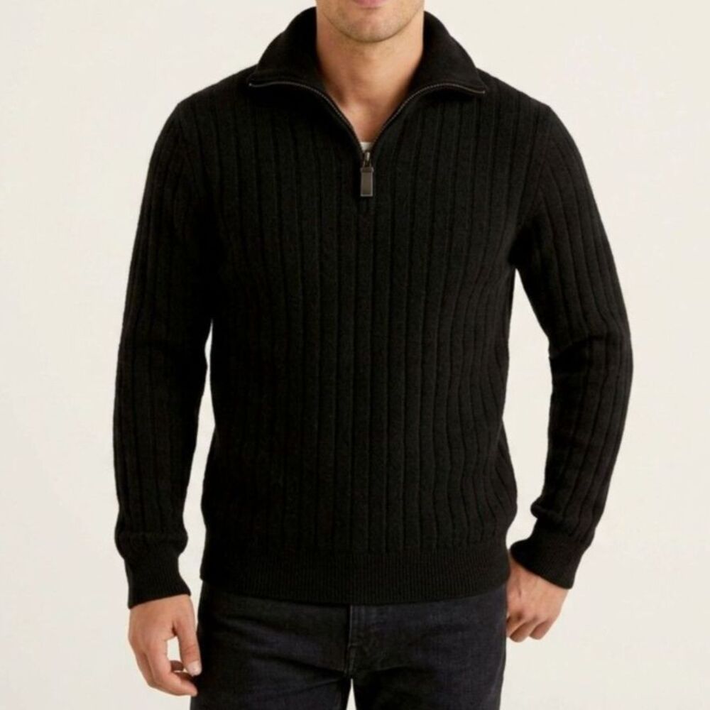 Jason Wu Men's 100% Extra Fine Merino Wool Quarter Zip Ribbed Sweater L Black